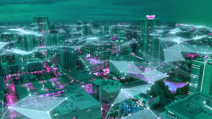 Night drone hyperlapse of a glowing U.S. smart city skyline with luminous data mesh connections visualizing broadband networks, AI communication, and future digital innovation. - Powered by Adobe
