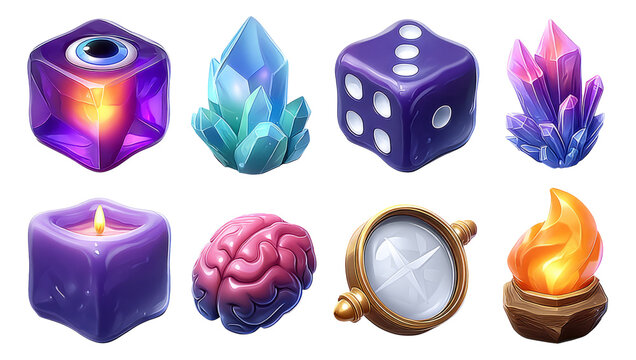Colorful Icons of Crystals, Dice, Candle, Brain, Compass, and Flame on Transparent Background