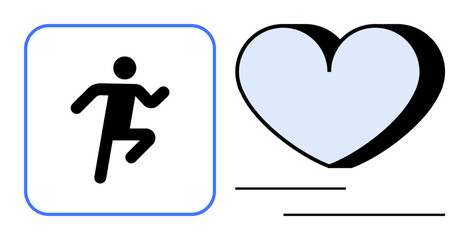 Running figure icon beside a heart shape, combining health, activity, and wellness themes. Ideal for fitness, healthcare, lifestyle, motivation cardio wellbeing sports. Simple flat metaphor