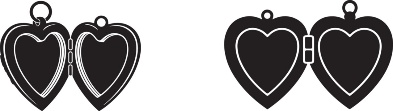 Two black heart shaped lockets one open and one closed on a white background