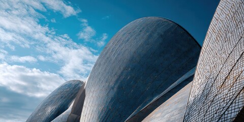 Buildings shells with textured tiles against a cloudy sky