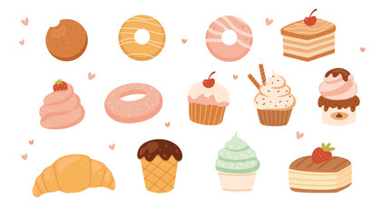 Cute cartoon set of sweets and pastries. Vector illustration.