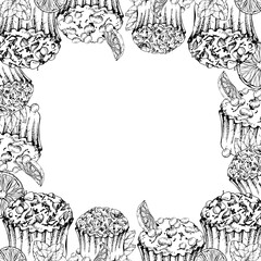 Frosted cupcake with chocolate dragees, mint garnish and sugar sprinkle icing on muffins in vector ink. Hand drawn isolated illustration for corner frames, greeting cards, cafe or festival menus.