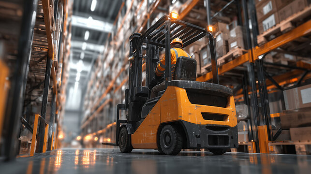 Forklift operator works efficiently in a large warehouse filled with stacked boxes during a busy shipping session Generative AI