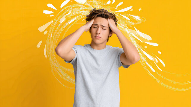 Young man experiencing stress and anxiety with hands on head against a bright yellow background