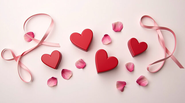 A beautiful arrangement of red heartshaped boxes, pink rose petals, and ribbons on a white background, perfect for valentines day, anniversaries, or any romantic occasion isolated on white background - Powered by Adobe