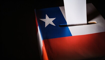 a light shining on a voting box placing on chile flag in the dark; free space for text