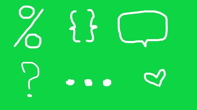 Question, Ellipsis, Speech Bubble, Brackets, Heart, Percent on Green Screen, Chroma Key Horizontal Footage Wiggle Scribbled
