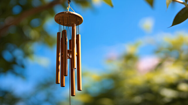 A wind chime, usually made of bamboo and metal, sways with the breeze, creating gentle, melodic sounds that evoke a serene, natural, and soothing atmosphere.