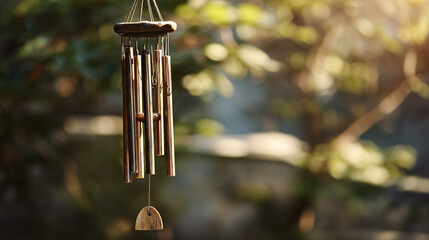 A wind chime, usually made of bamboo and metal, sways with the breeze, creating gentle, melodic sounds that evoke a serene, natural, and soothing atmosphere.