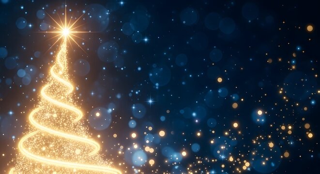 Magical glowing golden christmas tree with sparkling lights against a dark starry night sky