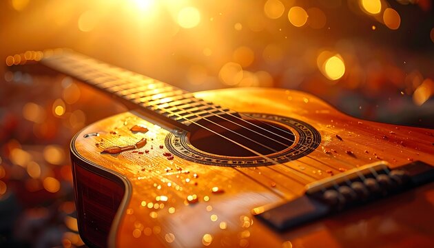 Warm-toned close-up of a guitar reflecting golden bokeh lights, casting a mellow, musical ambiance