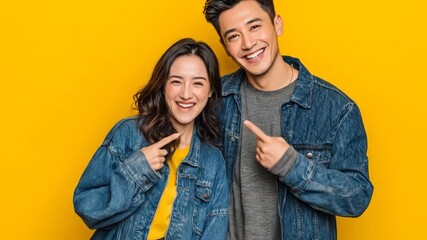 Joyful young couple in denim jackets pointing at each other, bright yellow background