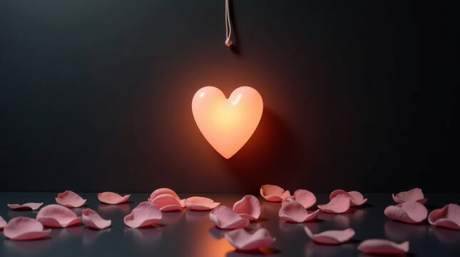 Romantic glowing heart lamp with rose petals on a dark background, symbolizing love, valentines day, and affection, creating a warm and tender atmosphere for special occasions