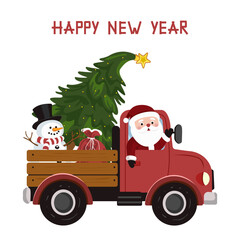 A festive red truck with Santa Claus at the wheel, carrying a decorated Christmas tree, snowman, and red bag filled with gifts. Vector design  for Christmas cards, posters, and stickers.