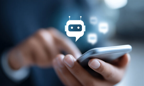 Person's hands holding a smartphone, interacting with an ai chatbot icon and speech bubbles, symbolizing artificial intelligence customer service and digital communication technology