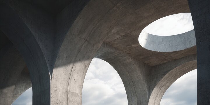 Abstract concrete architecture with repeating arches and an oval skylight.