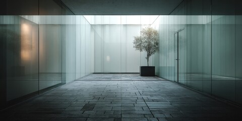 Minimalist Interior Space with Frosted Glass Walls and Tree