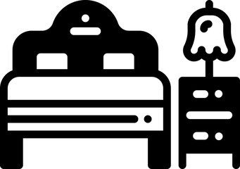 Solid line icon of a cozy bed with side table and lamp, ideal for interior or hotel design.