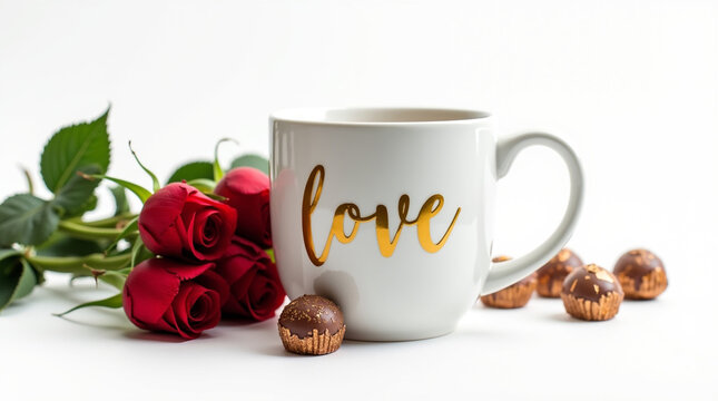 Charming valentines day scene featuring a white mug with the word love in gold lettering, surrounded by red roses and chocolate truffles, isolated on white background, perfect for a cozy and romantic  - Powered by Adobe