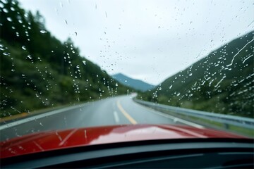 rain drop on car windshield in cloudy weather