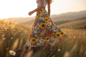 woman on floral dress walk in sunny morning field