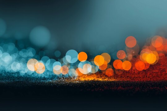Abstract background featuring a beautiful contrast of warm orange and cool blue bokeh lights on a dark textured surface.