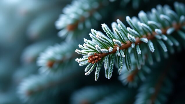 A close-up macro shot of a frosted evergreen branch with delicate ice crystals on the needles.