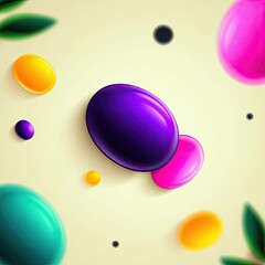 A vibrant abstract composition featuring glossy, oval-shaped objects in various bright colors like purple, pink, and yellow, set against a soft, light backgroun