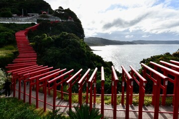 日本の山口の赤の鳥居の元乃隅神社