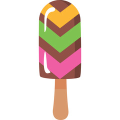 A colorful popsicle with layers of yellow green pink and brown chocolate ice cream on a wooden stick against a transparent white background perfect for summer treats