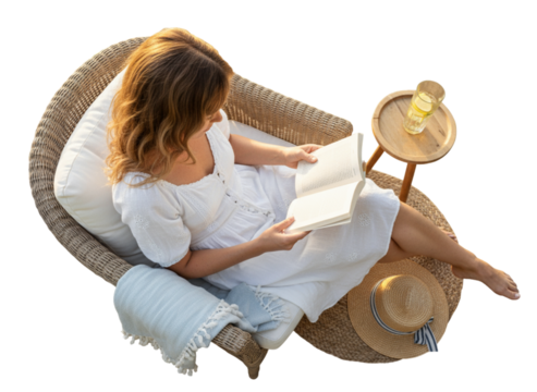 Woman Leisurely Reading Outdoors in Summer Armchair, Peaceful Lifestyle Concept PNG - Powered by Adobe