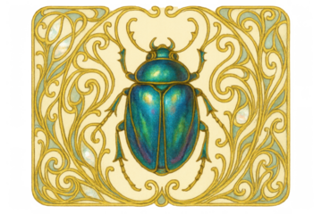 Iridescent scarab beetle illustration with ornate art nouveau gold frame and decorative scroll design on transparent background