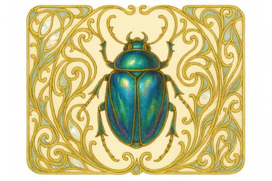 Iridescent scarab beetle illustration with ornate art nouveau gold frame and decorative scroll design on transparent background