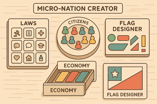 Micro-nation creator game interface: laws, economy, citizens, and flag designer features