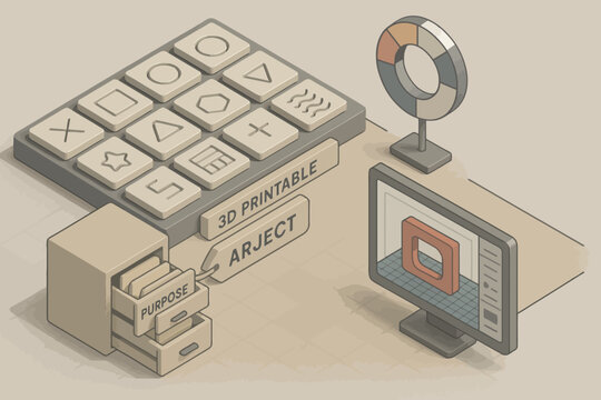 Isometric 3d design with printable shapes and computer screen interface