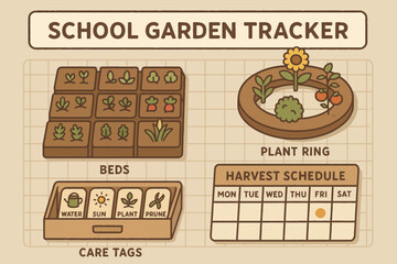 School garden tracker: beds, plant ring, care tags, harvest schedule