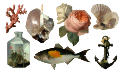 Vintage Aesthetic Collage with Isolated Objects, Floral Elements, and Marine Inspiration