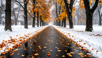 Wet road lined with snow, trees with vibrant fall foliage, and scattered leaves create a wintry autumnal scene