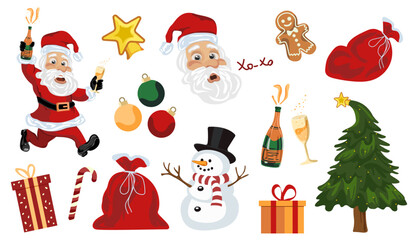A set of Christmas stickers. Christmas tree, Santa, snowman, gingerbread, champagne, red bag, gift boxes, star, and Christmas tree ornaments. Suitable for cards, banners, websites, and icons.