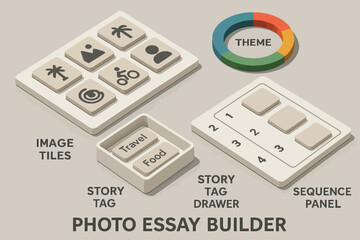 Photo essay builder guide with image tiles, story tags, and sequence panel