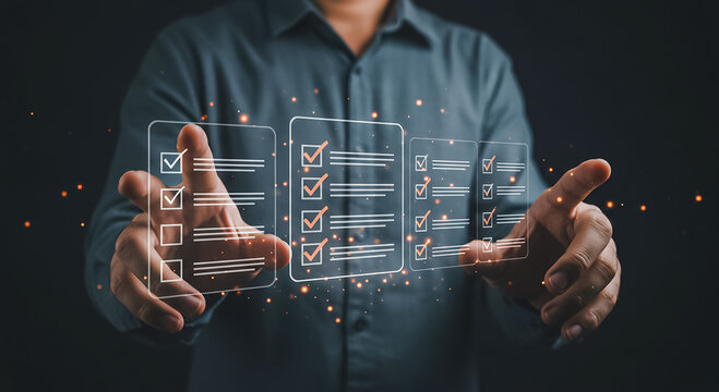 Completing Tasks with Digital Checklists Man Modern Work Productivity Efficiency Technology Business Compliance Survey - Powered by Adobe