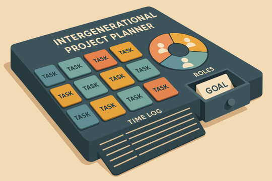 Intergenerational project planner with tasks, roles, and goals on beige background