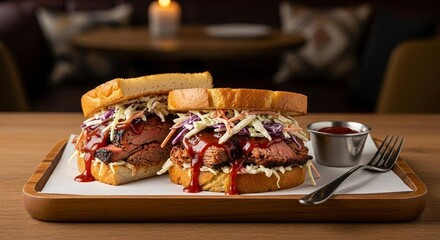 Pulled pork sandwich with BBQ sauce and coleslaw, on wood serving tray
