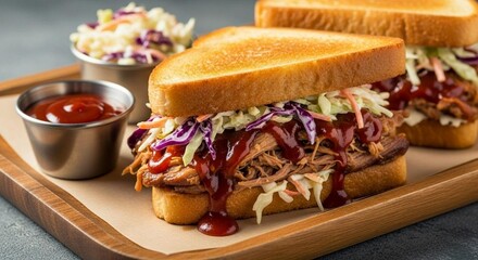 Pulled pork sandwich with BBQ sauce and coleslaw, on wood serving tray