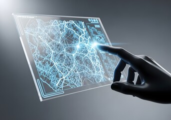 Hand interacting with futuristic transparent screen displaying glowing network map and data panels