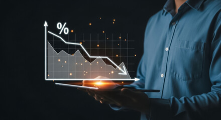 Economic Downturn Visualization Man Holding Tablet Showing Falling Percentage Graph Business Finance Investment Market