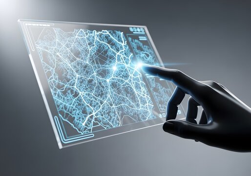 Hand interacting with futuristic transparent screen displaying glowing network map and data panels