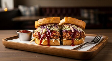 Pulled pork sandwich with BBQ sauce and coleslaw, on wood serving tray