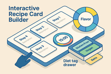 Interactive recipe card builder with diet tag drawer and flavor wheel